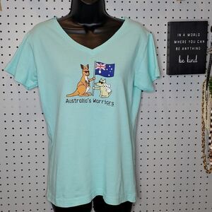 Australia's Warriors Teddy the Dog Mint Green VNeck Tee Tshirt, Sz Medium